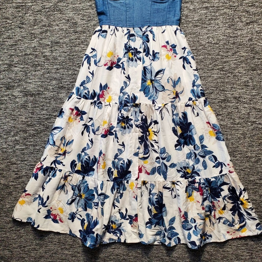 Band of the Free Midi Dress Women XS Ivory Blue Denim Floral Bustier Cottagecore - Picture 5 of 14